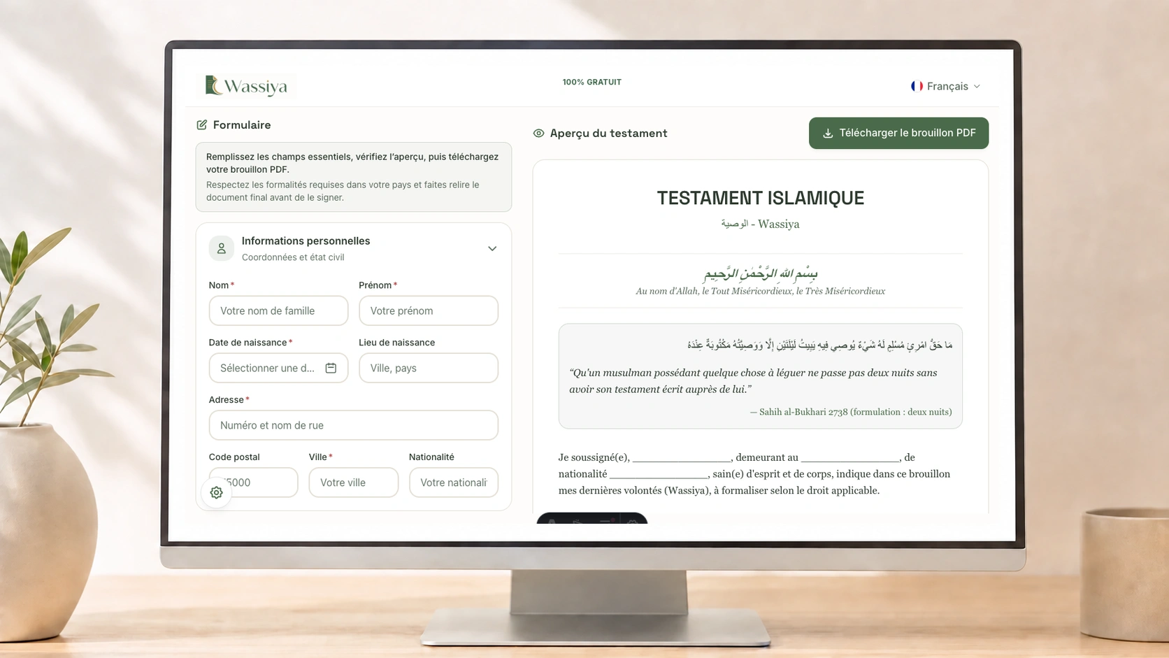 Aperçu illustré de la création d'une Wassiya et de son testament islamique finalisé